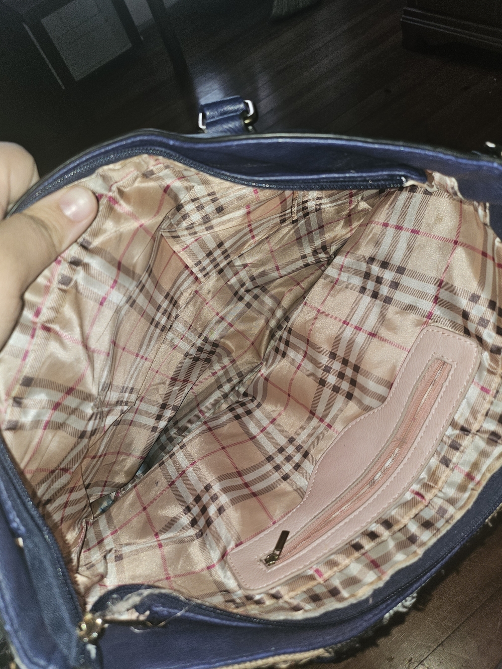 Burberry Navy Leather-Trim Check Shoulder Bag As Is Will Need Cleaned - Picture 5 of 6